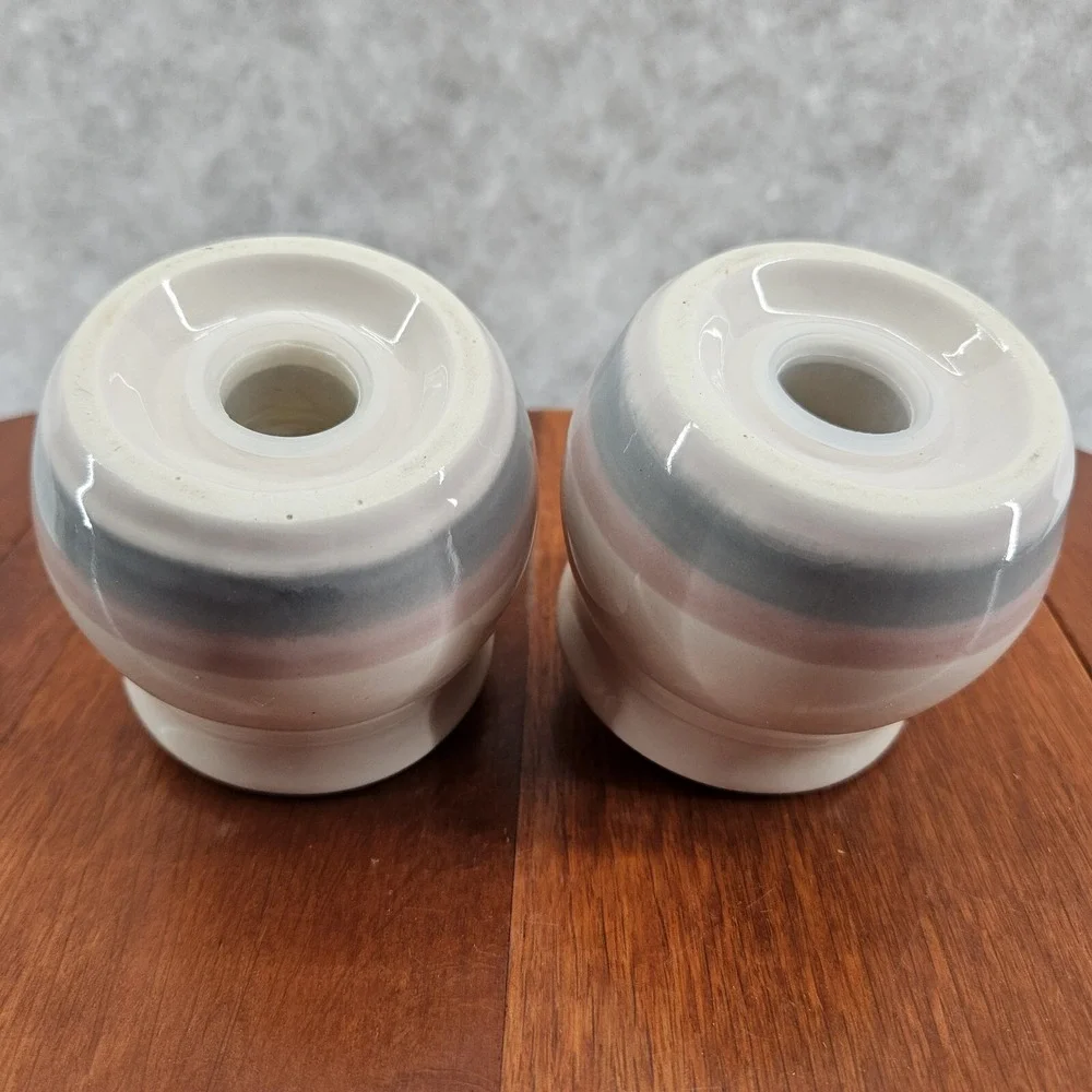 Pfaltzgraff Aura Salt Pepper Set USA Made Cream W/Pink Blue Band 90s Vtg Retired